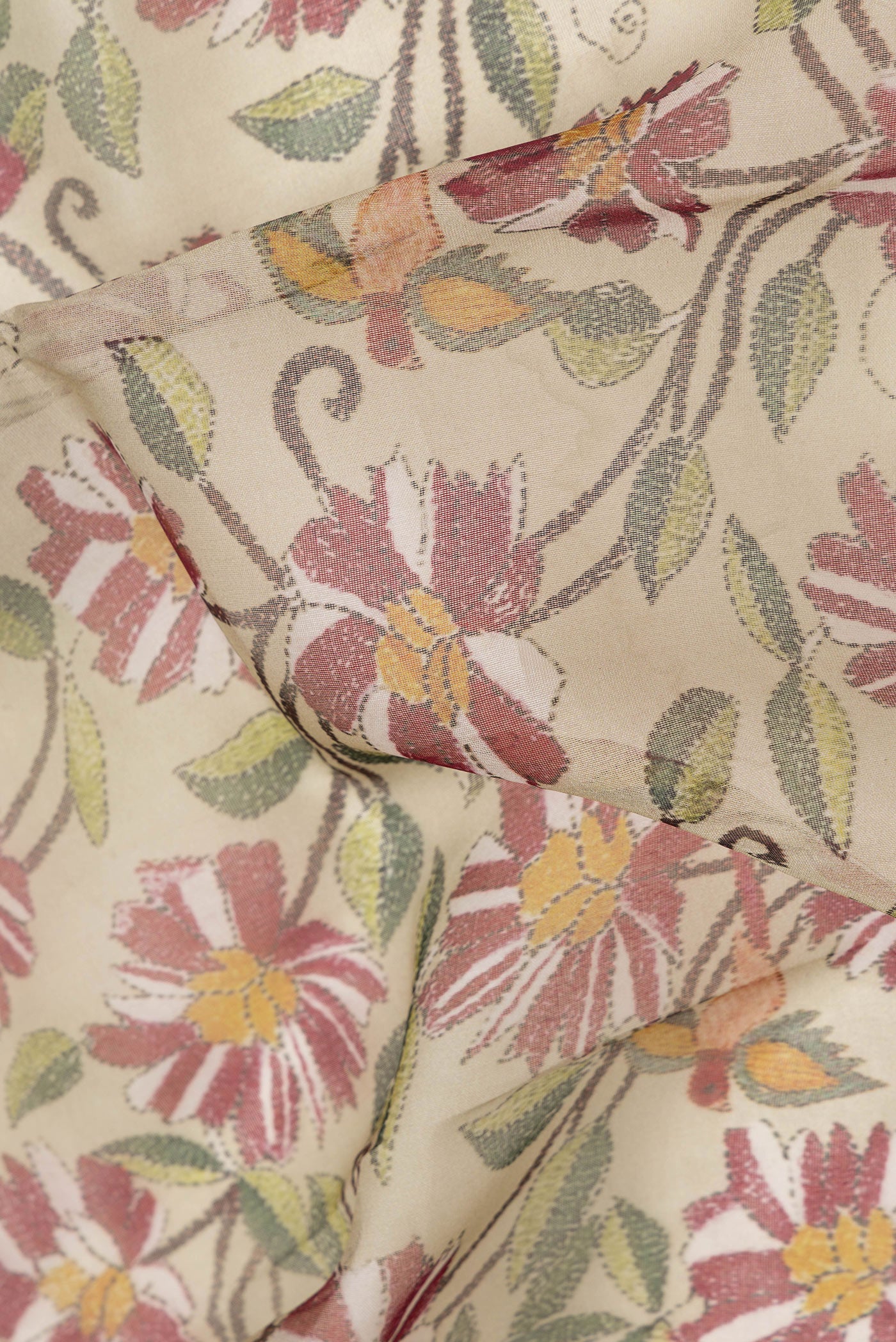 Close up of Pista Green Dual Tone Organza Silk Saree with Printed design on the body and Zari Border.  displaying folds