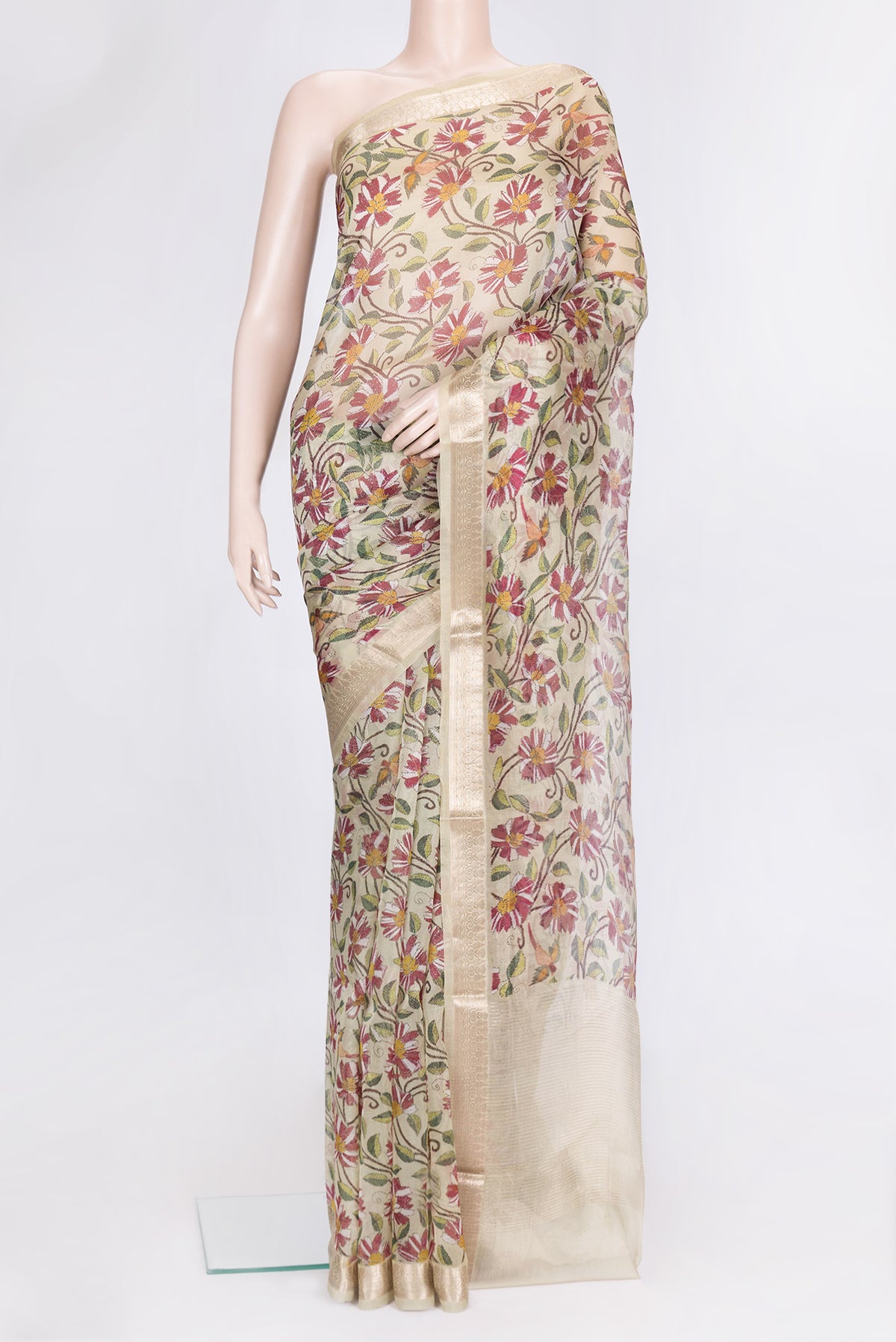 Pista Green Dual Tone Organza Silk Saree with Printed design on the body and Zari Border.  displayed on a mannequin