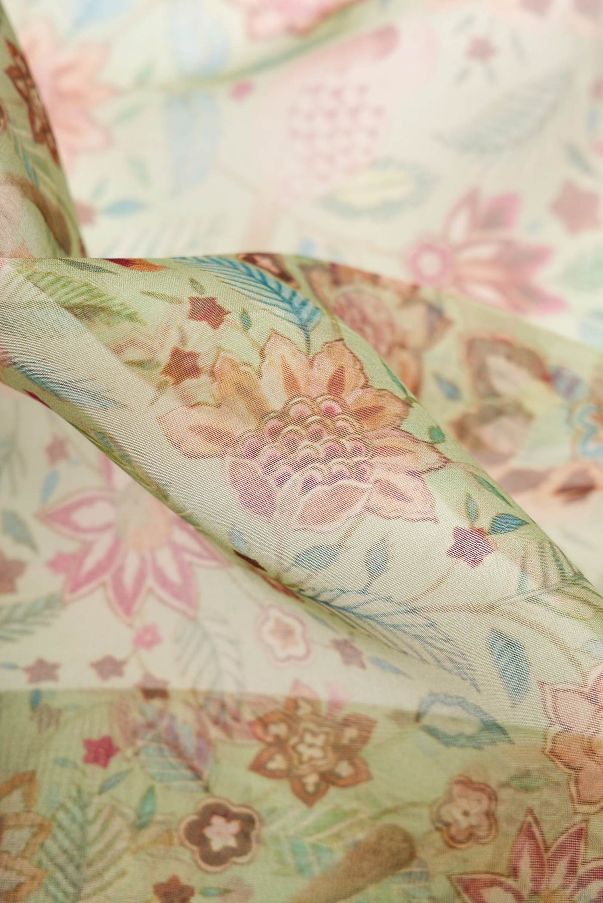 Close up of Pista Green Dual Tone Organza Silk Saree with Printed design on the body and Zari Border.  displaying folds