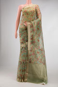 Pista Green Dual Tone Organza Silk Saree with Printed design on the body and Zari Border.  displayed on a mannequin