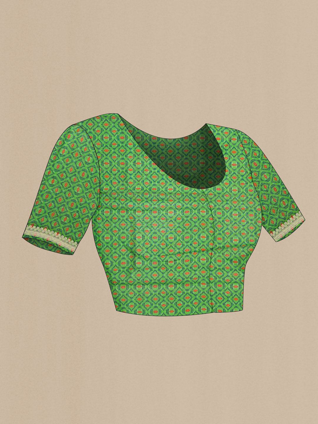 Close up image of the blouse of Green Dual Tone Organza Silk Saree with Printed design on the body and Zari Border. 