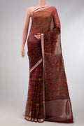 Maroon Dual Tone Organza Silk Saree with Printed design on the body and Zari Border.  displayed on a mannequin