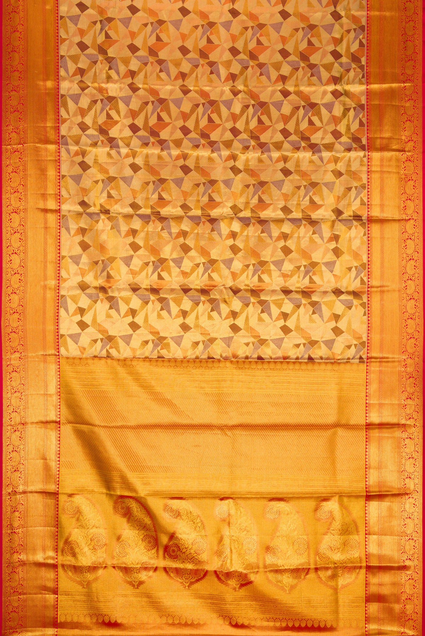 Flat view of Gold Dual Tone Kanjivaram Tissue Silk Saree with Zari Brocade on the body and Zari Border. 