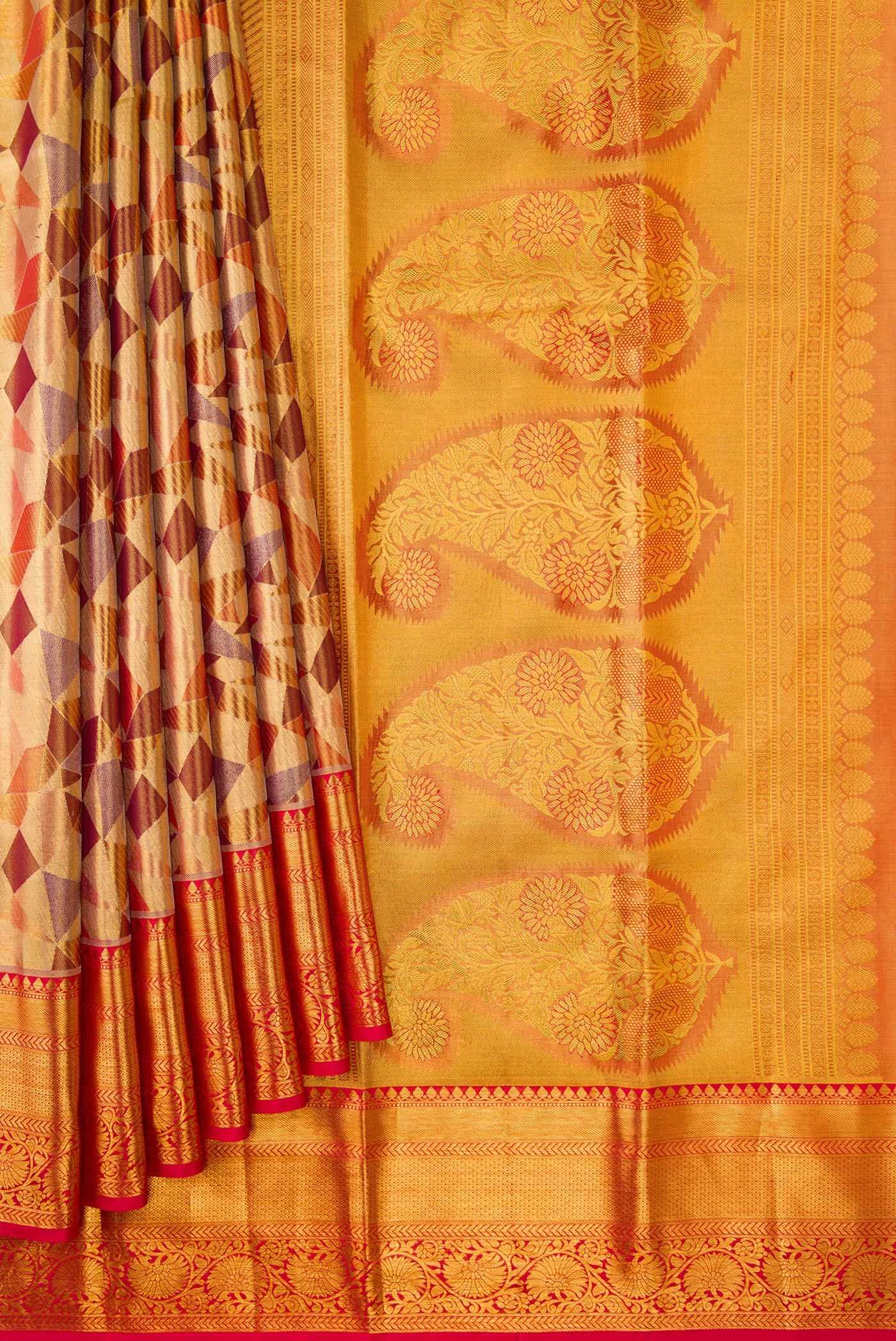 Pleats and pallu of Gold Dual Tone Kanjivaram Tissue Silk Saree with Zari Brocade on the body and Zari Border. 