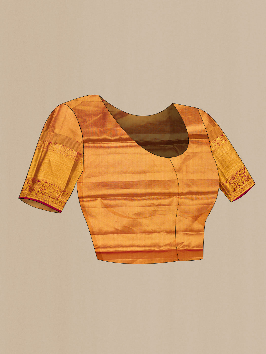 Close up image of the blouse of Gold Dual Tone Kanjivaram Tissue Silk Saree with Zari Brocade on the body and Zari Border. 