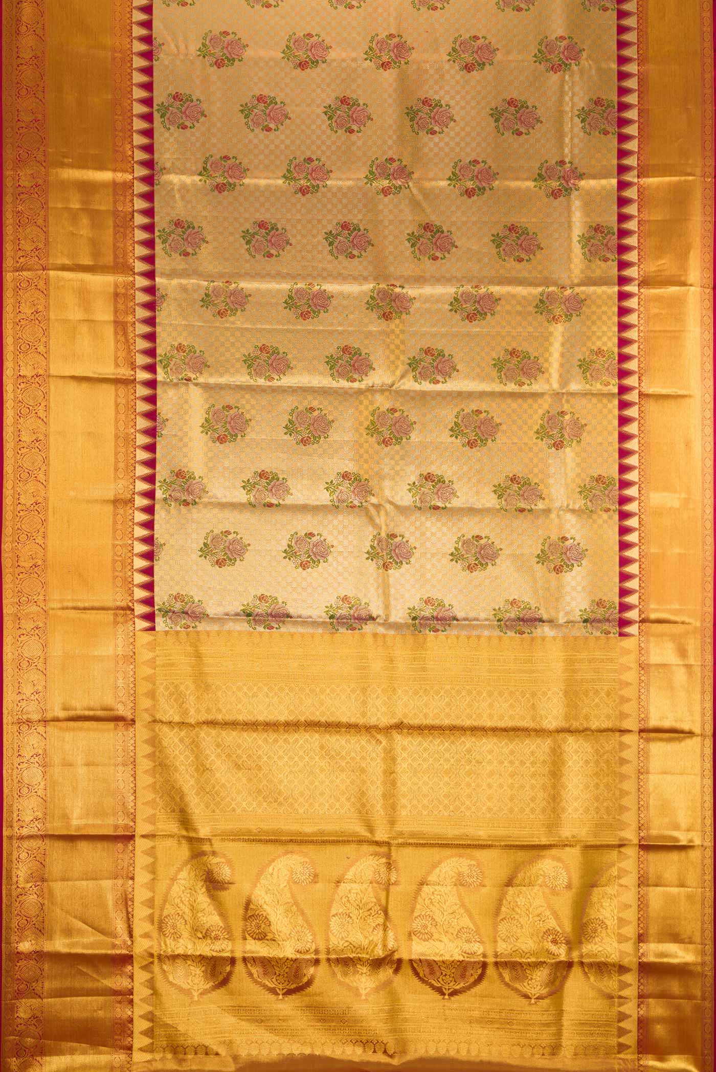 Flat view of Gold Dual Tone Kanjivaram Tissue Silk Saree with Zari Brocade on the body and Zari Border. 