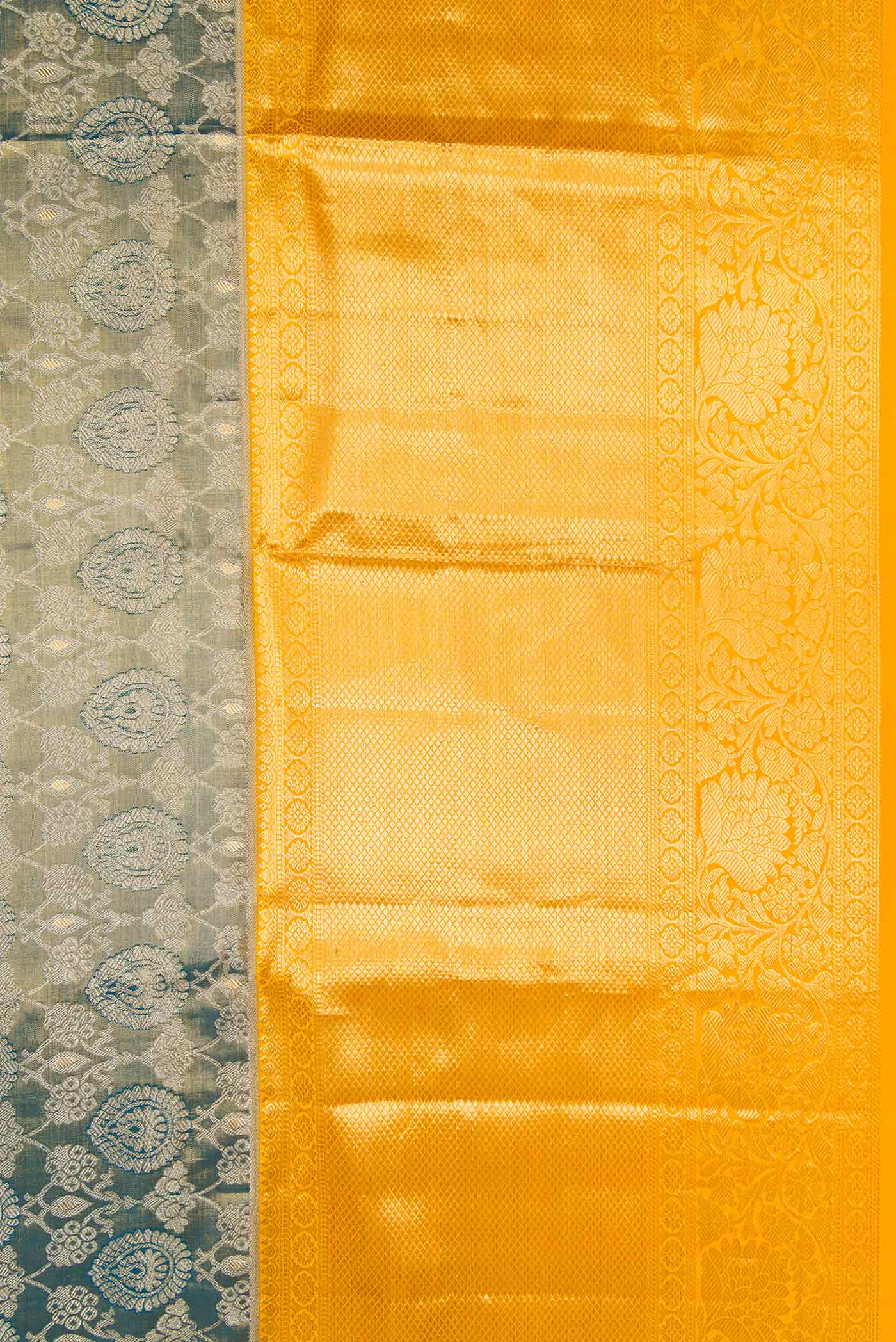 Border image of Mehandi Green Dual Tone Kanjivaram Tissue Silk Saree with Zari Brocade on the body and Zari Border. 