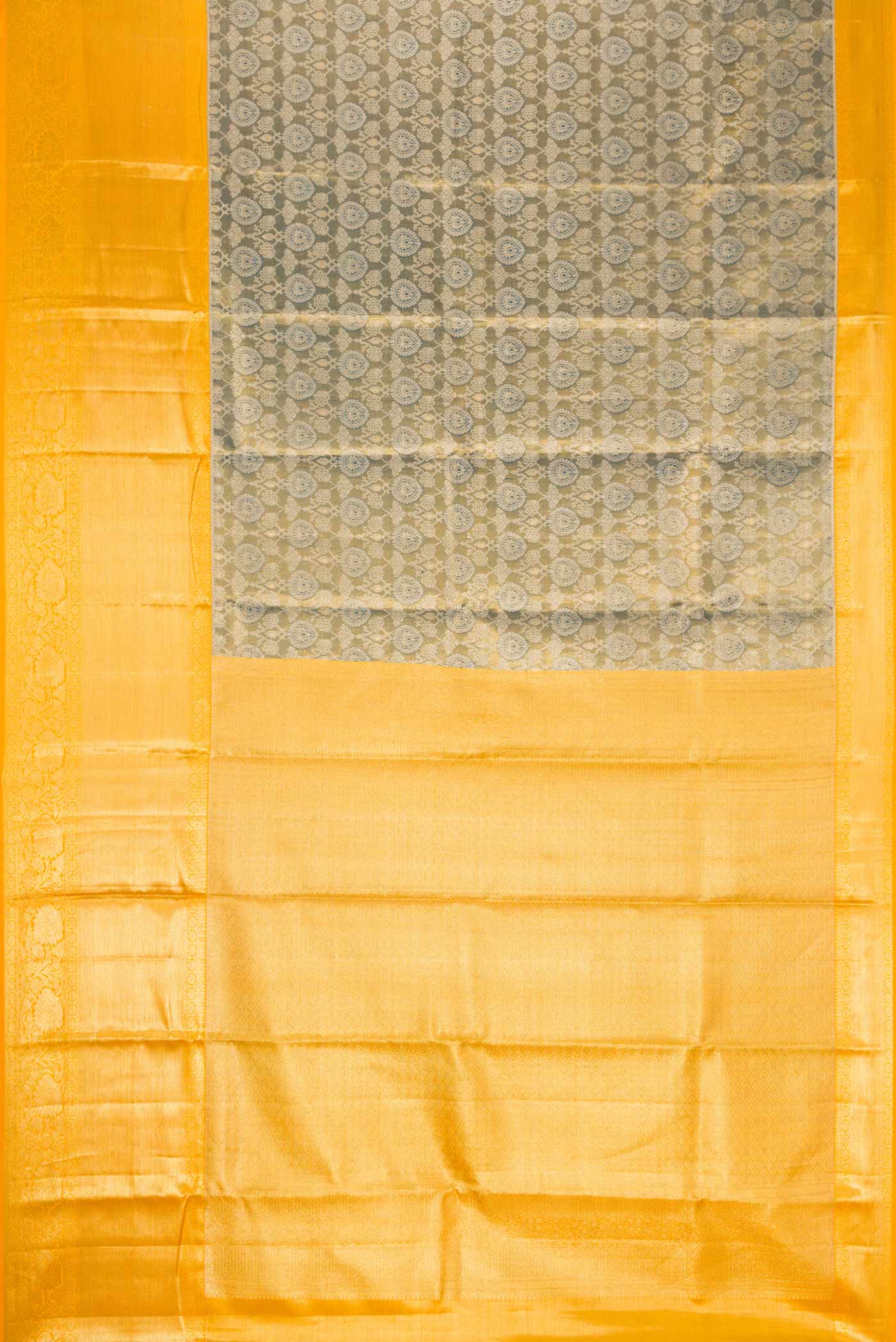 Flat view of Mehandi Green Dual Tone Kanjivaram Tissue Silk Saree with Zari Brocade on the body and Zari Border. 