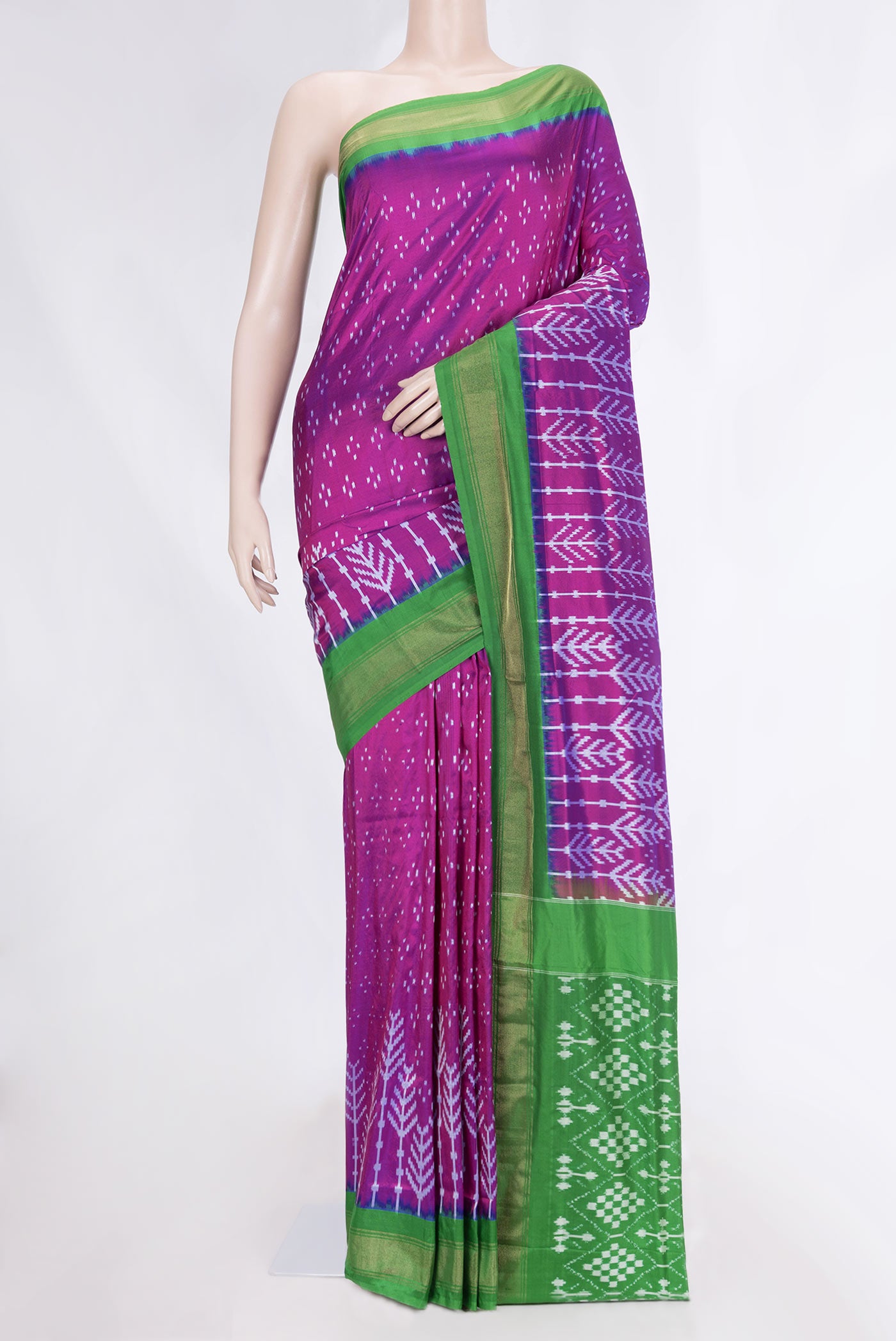 Purple Pochampally Silk Saree with Pure Ikat on the body and Zari Border displayed on a mannequin