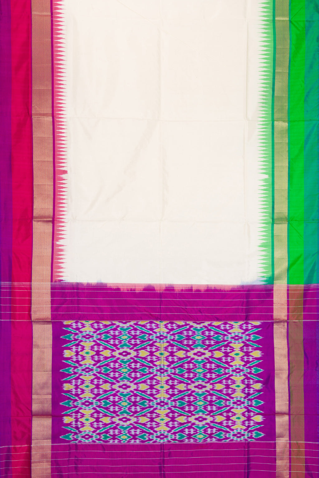 Flat view of Off White Double Ikat Saree with Plain Body and Ganga Jamuna Border. 