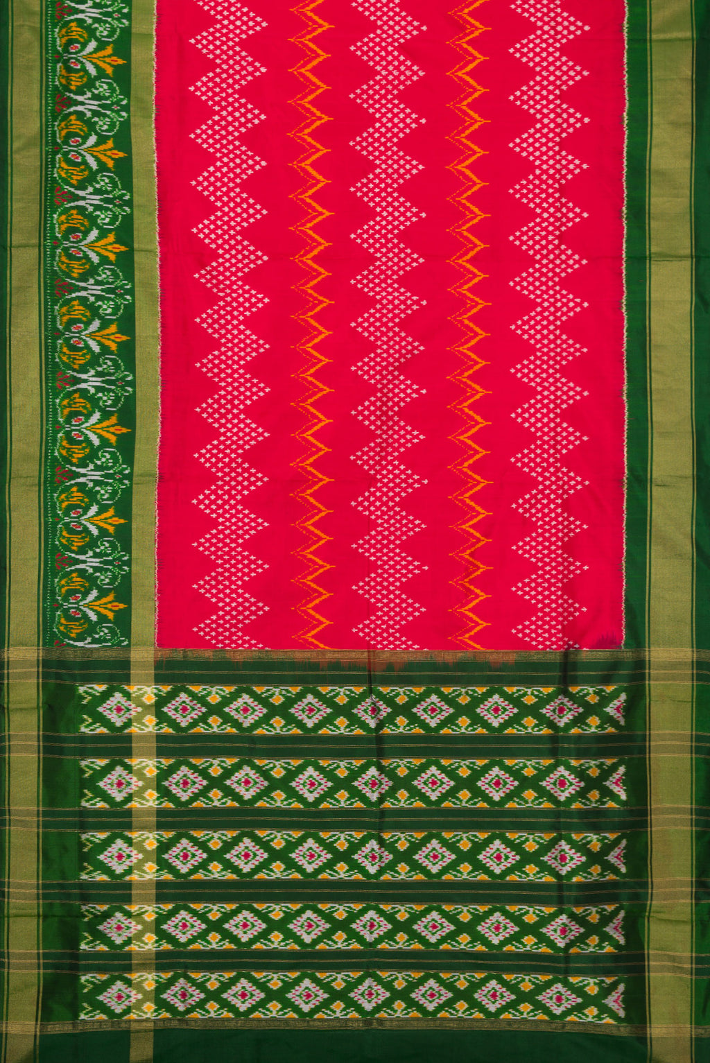 Flat view of Red Dual Tone Double Ikat Saree with Ikat Print on the body and Ikat Border. 