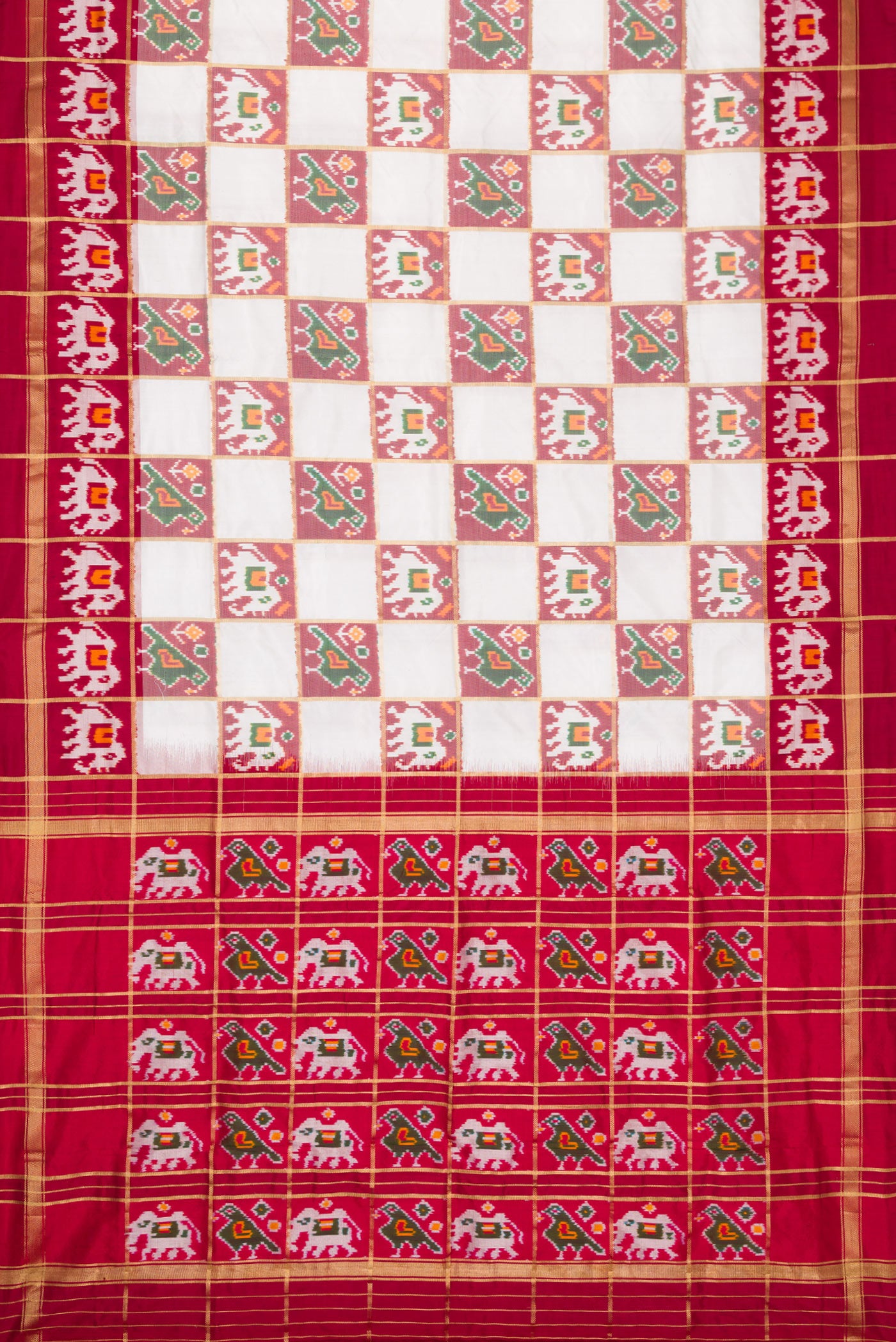 Flat view of Off White Dual Tone Double Ikat Saree with Ikat Print on the body and Ikat Border. 