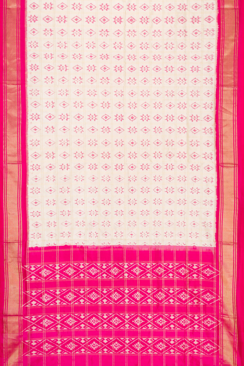 Flat view of Off White Dual Tone Double Ikat Saree with Ikat Print on the body and Zari Border. 