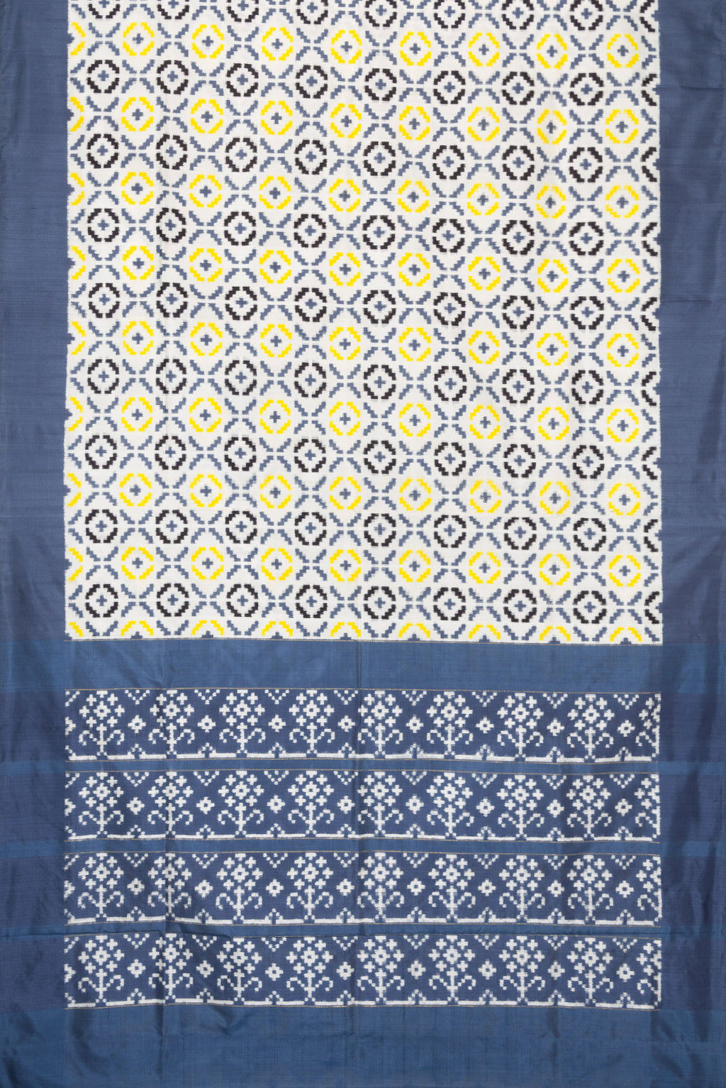 Flat view of Off White Dual Tone Double Ikat Saree with Ikat Print on the body and Plain Border. 