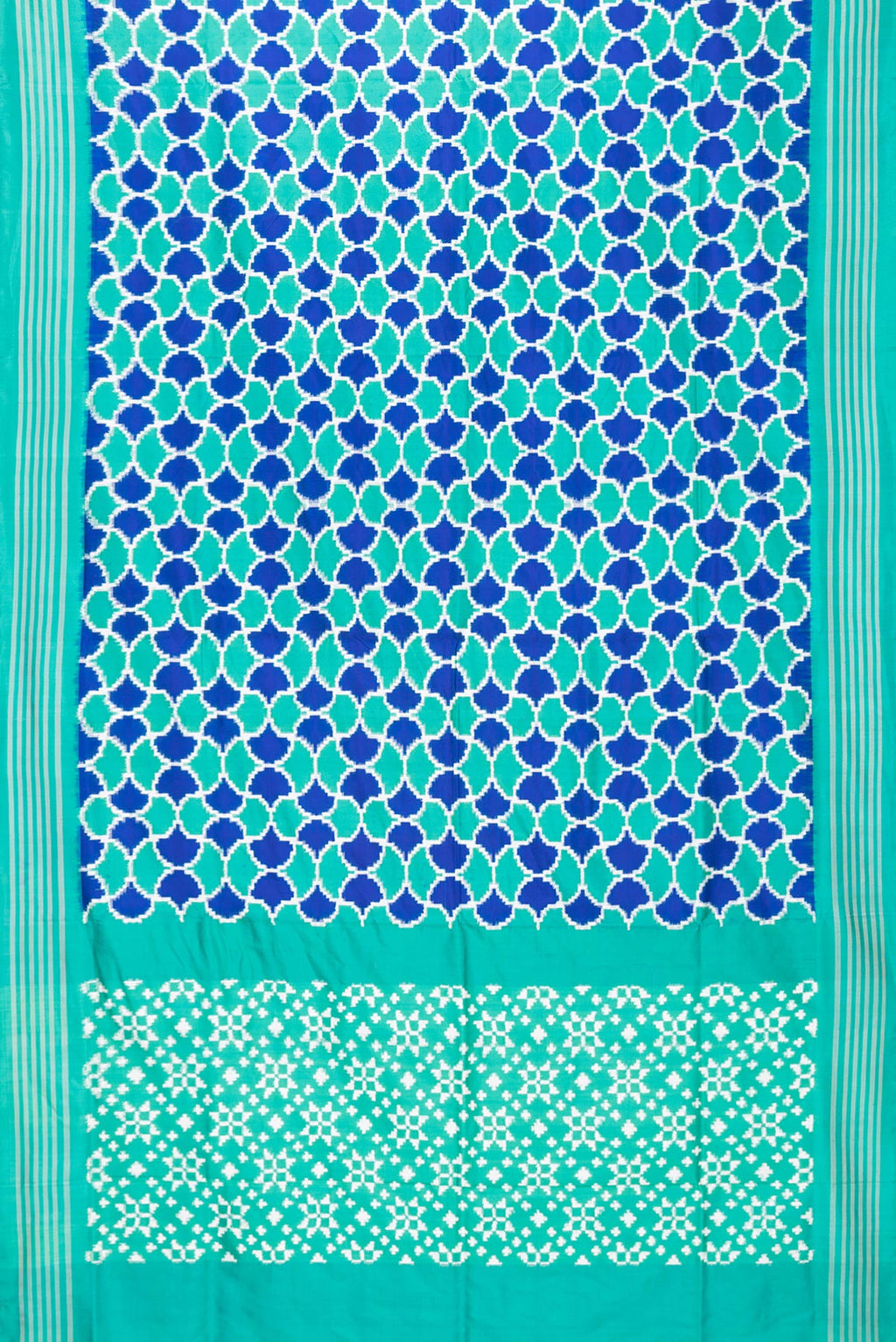 Flat view of Sea Green Dual Tone Double Ikat Saree with Ikat Print on the body and Plain Border. 