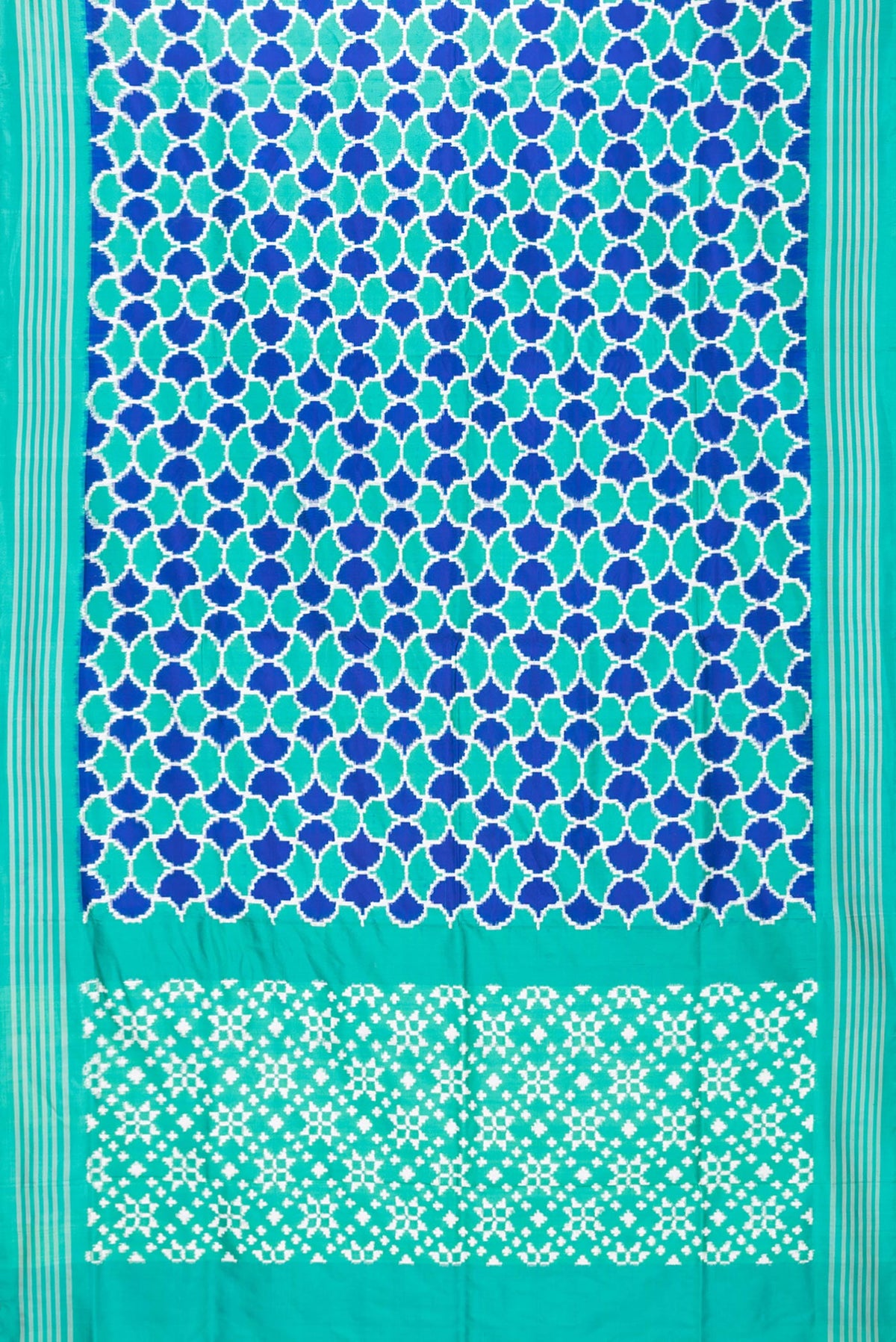 Flat view of Sea Green Dual Tone Double Ikat Saree with Ikat Print on the body and Plain Border. 