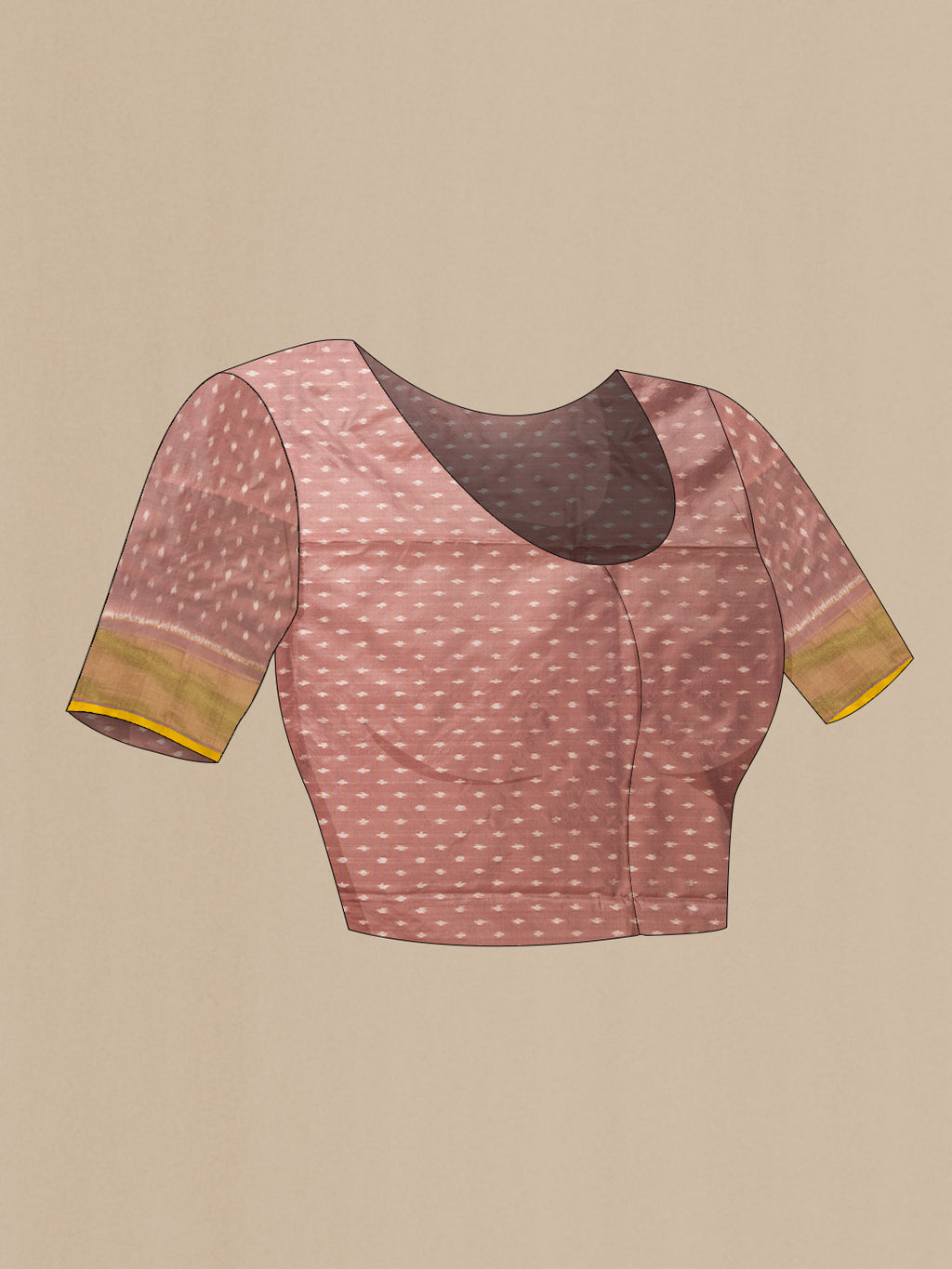 Close up image of the blouse of Brown Dual Tone Double Ikat Saree with Ikat Print on the body and Zari Border. 