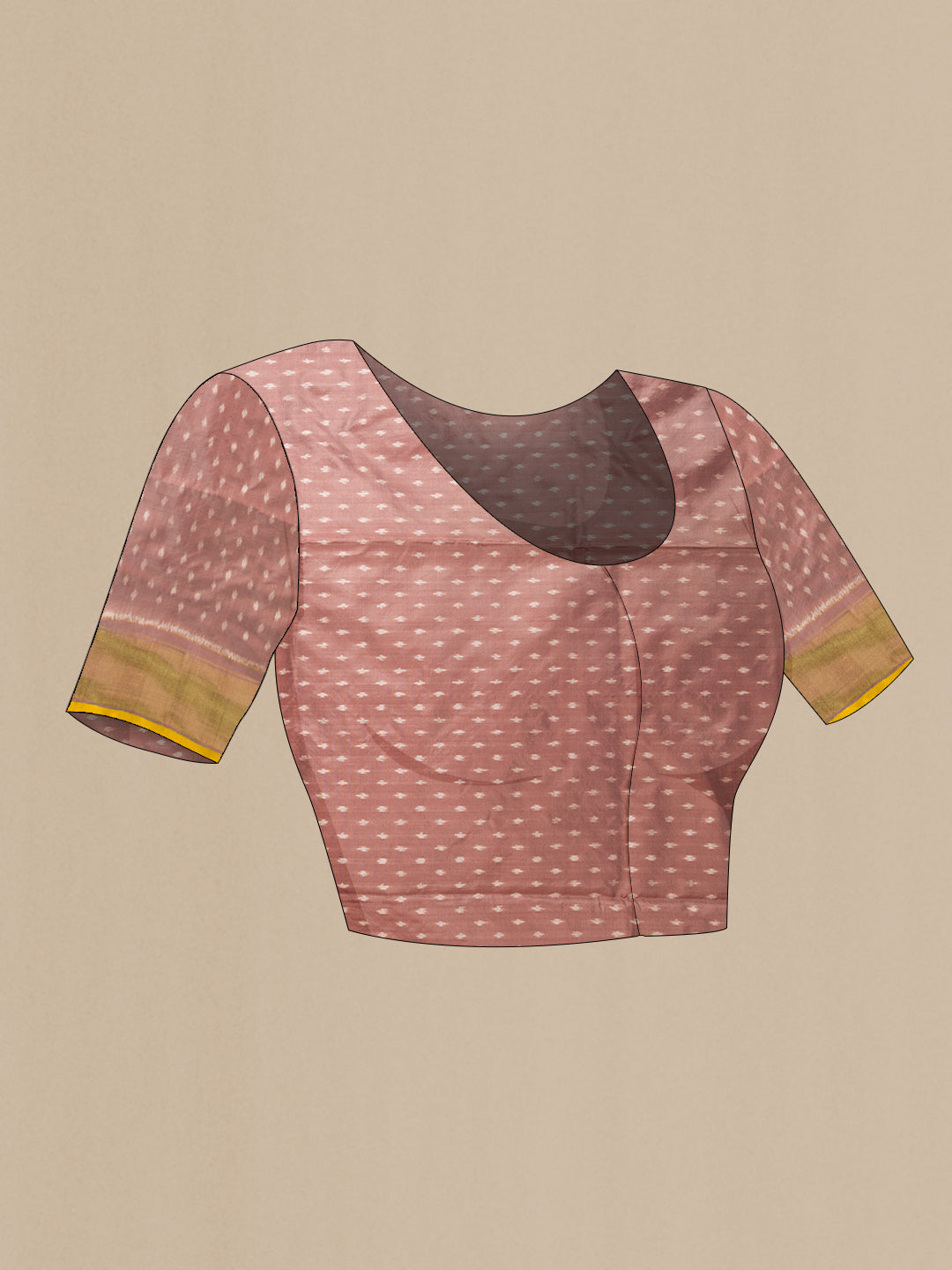 Close up image of the blouse of Brown Dual Tone Double Ikat Saree with Ikat Print on the body and Zari Border. 