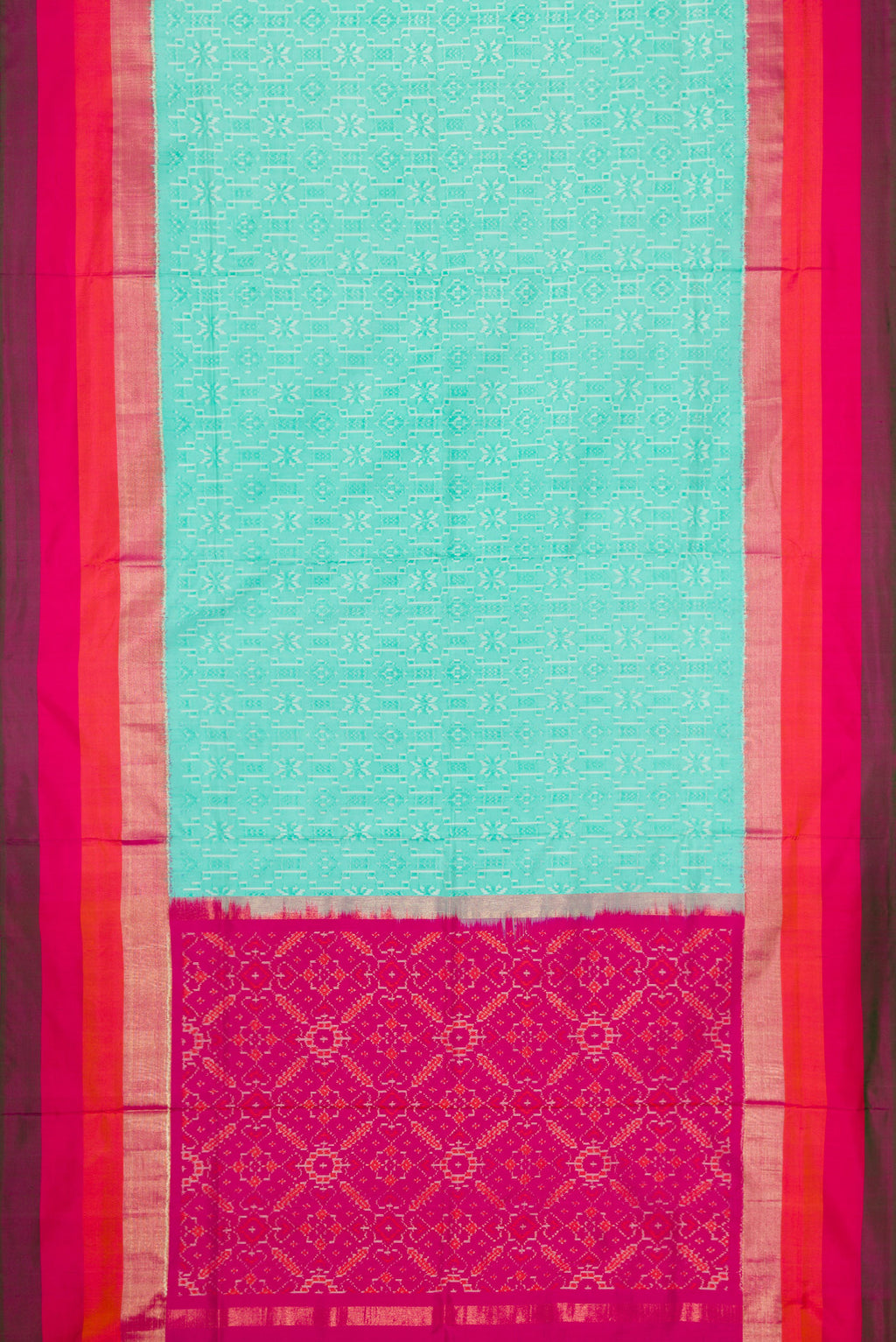 Flat view of Sea Green Dual Tone Double Ikat Saree with Ikat Print on the body and Zari Border. 