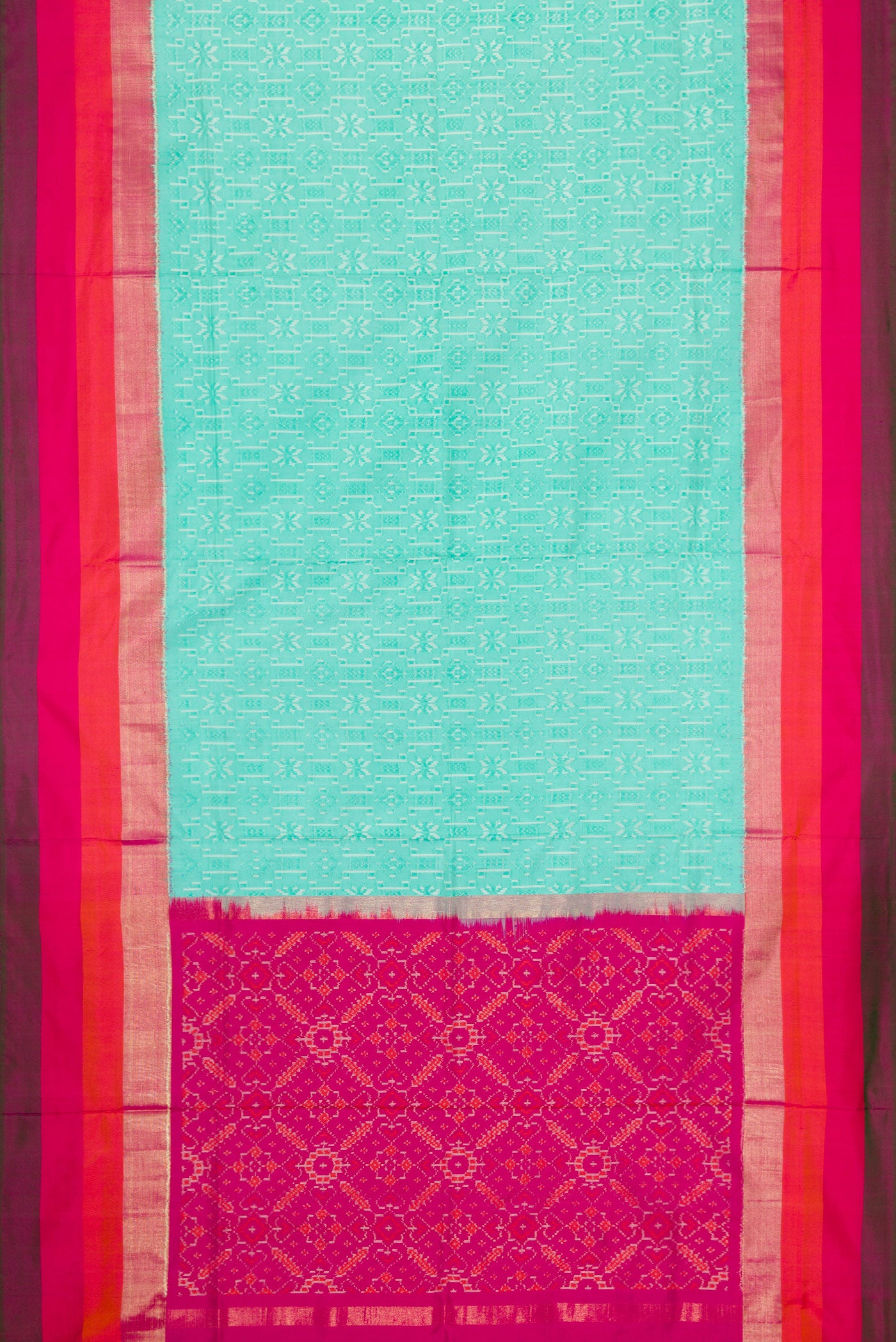 Flat view of Sea Green Dual Tone Double Ikat Saree with Ikat Print on the body and Zari Border. 
