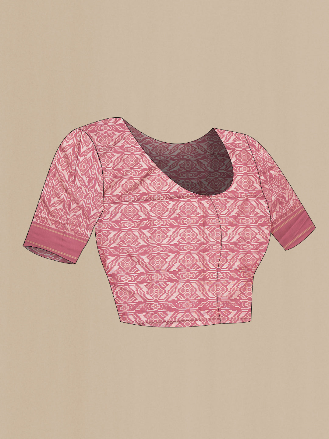 Close up image of the blouse of Pure Silk Mauve Pochampally Saree with Ikat design on the body and Plain Border. 