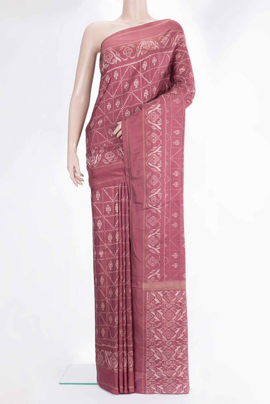 Pure Silk Mauve Pochampally Saree with Ikat design on the body and Plain Border.  displayed on a mannequin