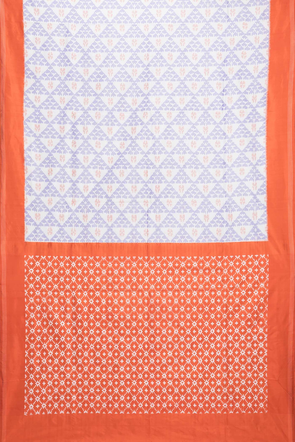 Flat view of Pure Silk Off White Pochampally Saree with Pure Ikat on the body and Plain Border. 