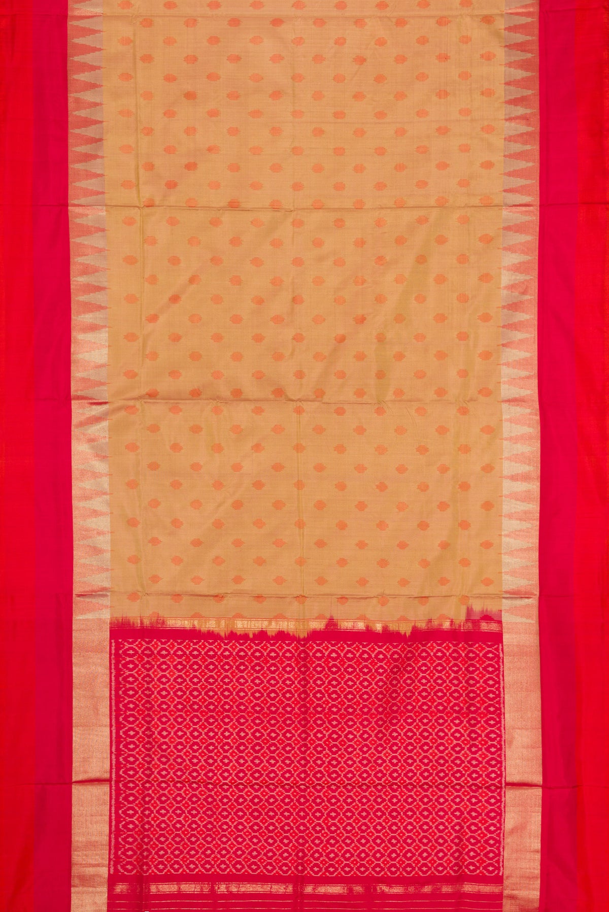 Flat view of Gold Dual Tone Double Ikat Saree with Ikat Print on the body and Zari Border. 