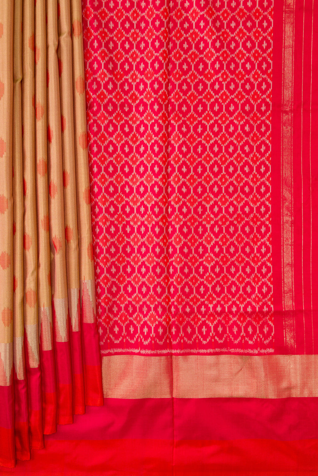 Pleats and pallu of Gold Dual Tone Double Ikat Saree with Ikat Print on the body and Zari Border. 