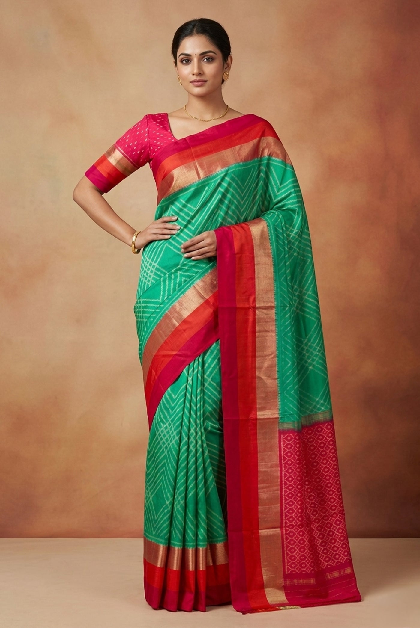 Model wearing a Green Pochampally Silk Saree with Pure Ikat on the body and Zari Border.