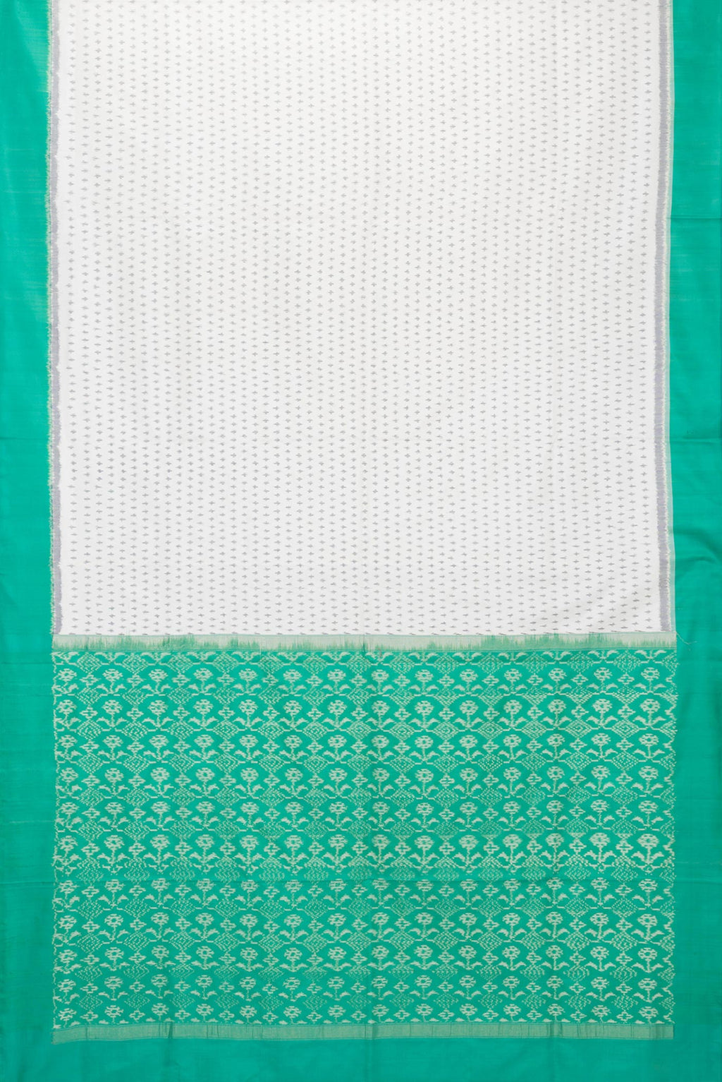 Flat view of Off White Dual Tone Double Ikat Saree with Ikat Print on the body and Plain Border. 