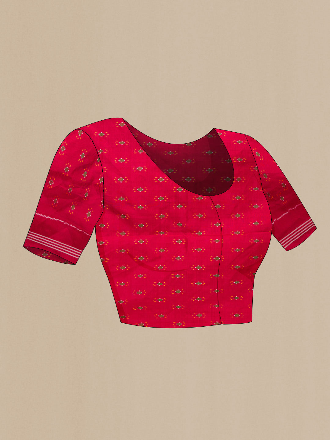 Close up image of the blouse of Mustard Dual Tone Double Ikat Saree with Checked design on the body and Zari Border. 