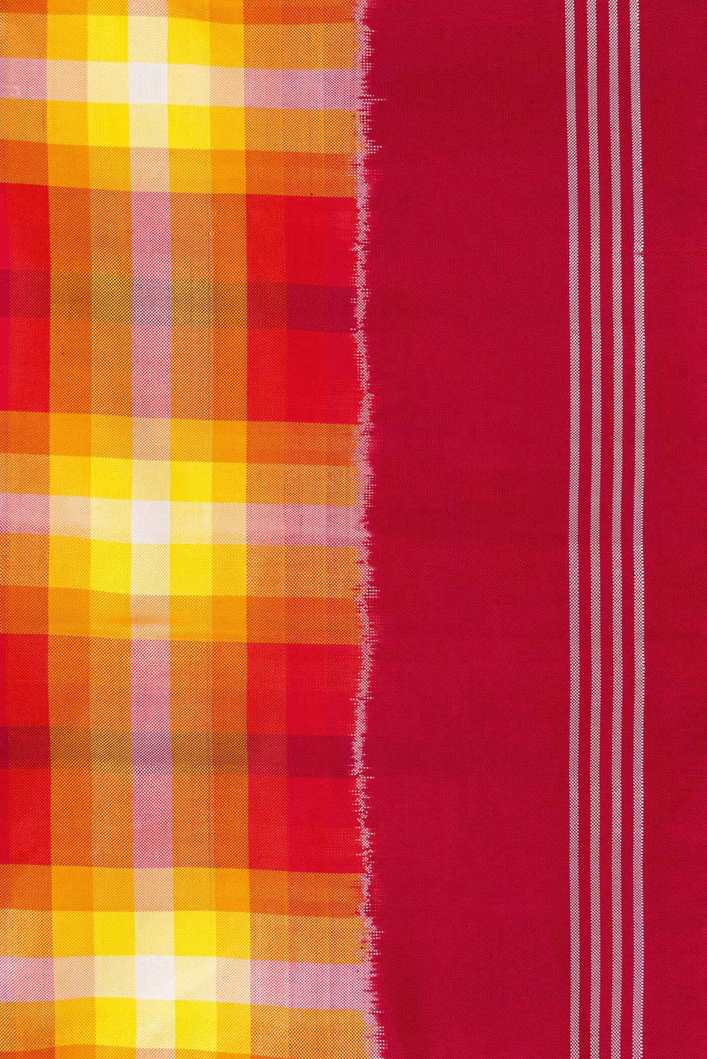 Border image of Mustard Dual Tone Double Ikat Saree with Checked design on the body and Zari Border. 