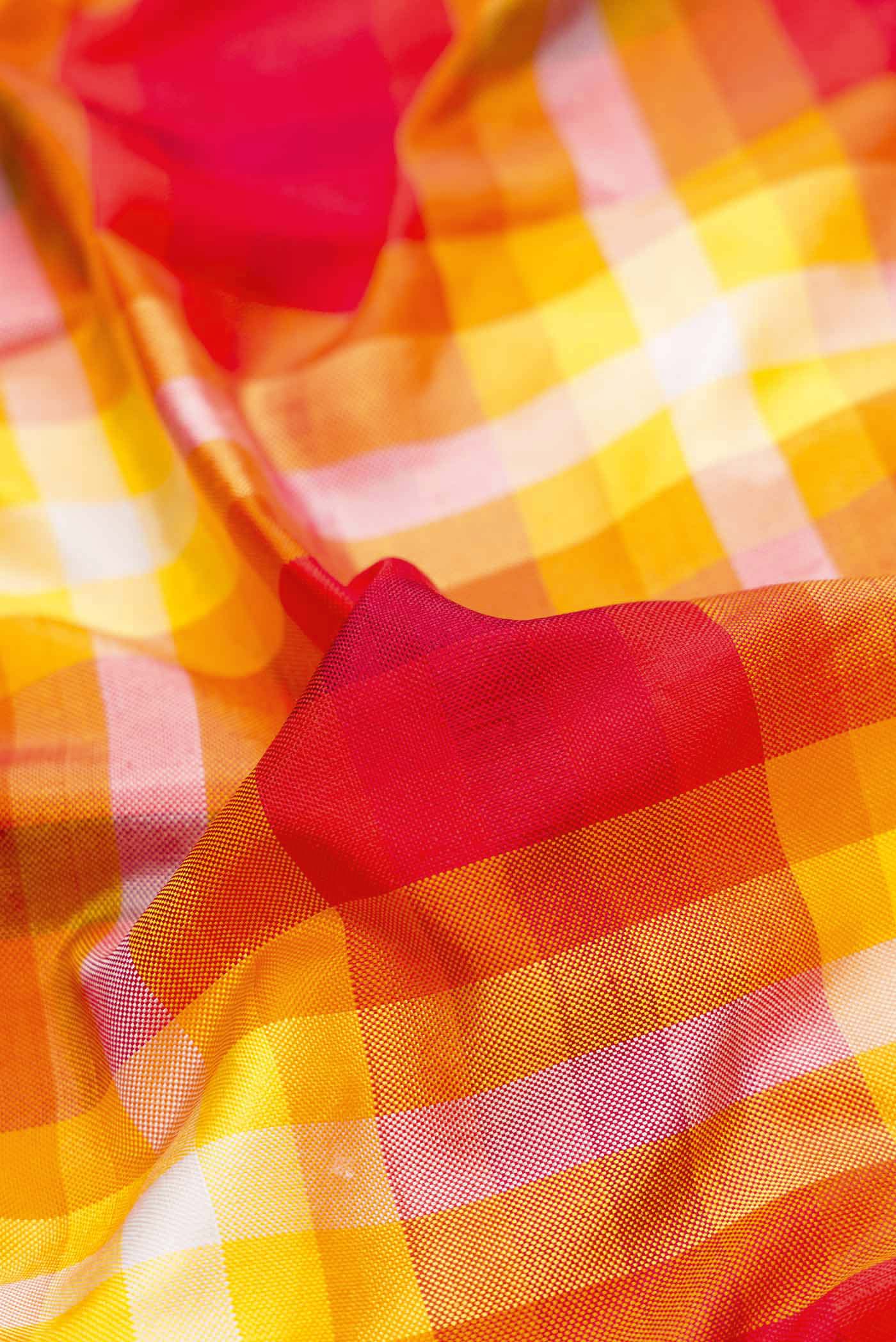 Close up of Mustard Dual Tone Double Ikat Saree with Checked design on the body and Zari Border.  displaying folds