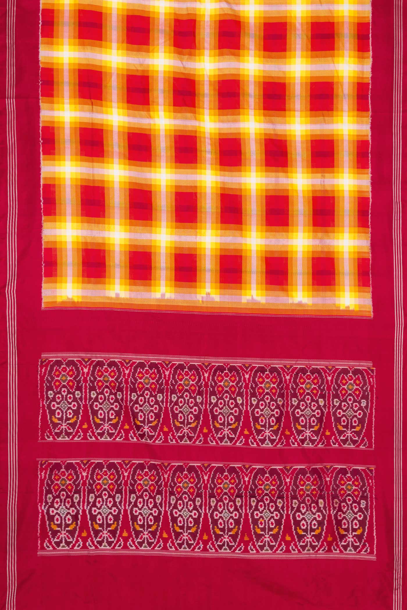 Flat view of Mustard Dual Tone Double Ikat Saree with Checked design on the body and Zari Border. 