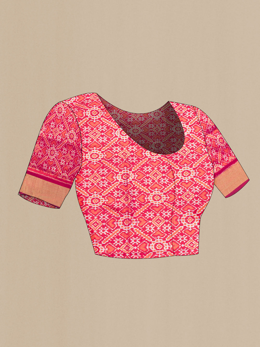Close up image of the blouse of Pink Dual Tone Double Ikat Saree with Ikat Print on the body and Zari Border. 