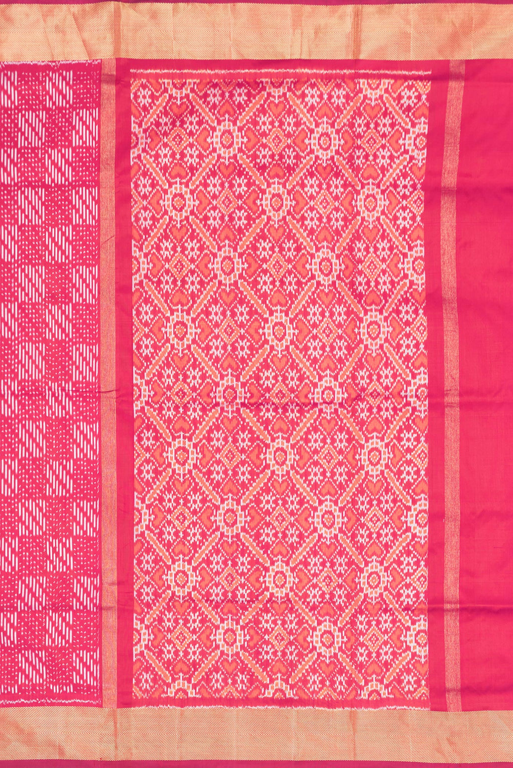 Close up image of the pallu of Pink Dual Tone Double Ikat Saree with Ikat Print on the body and Zari Border. 