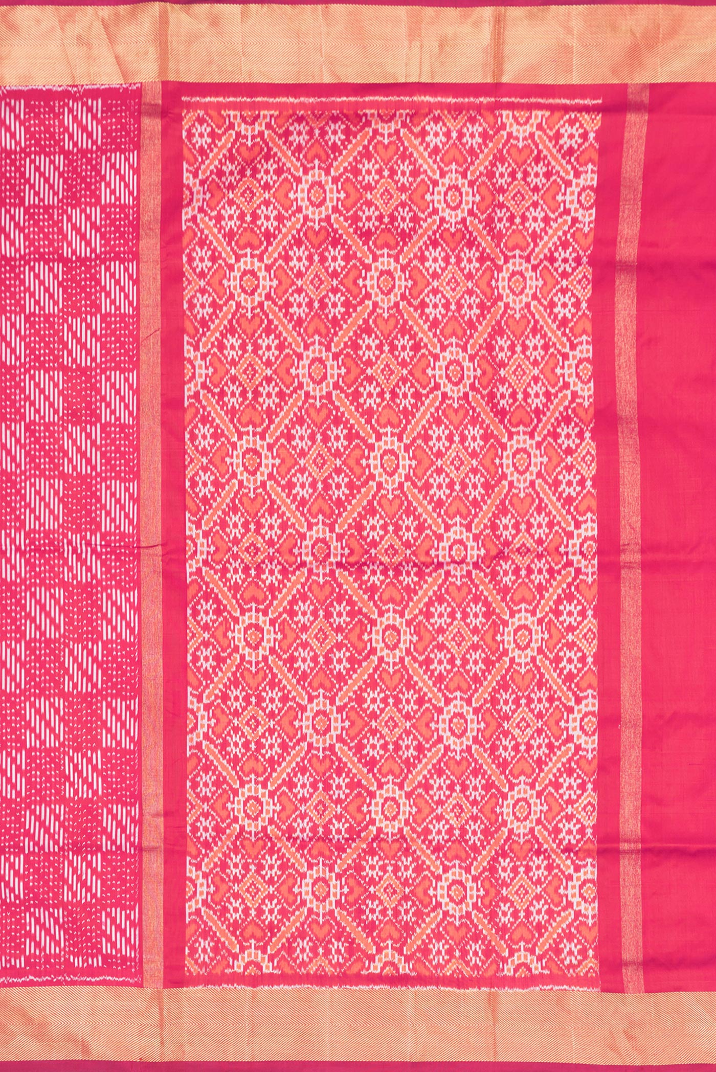 Close up image of the pallu of Pink Dual Tone Double Ikat Saree with Ikat Print on the body and Zari Border. 