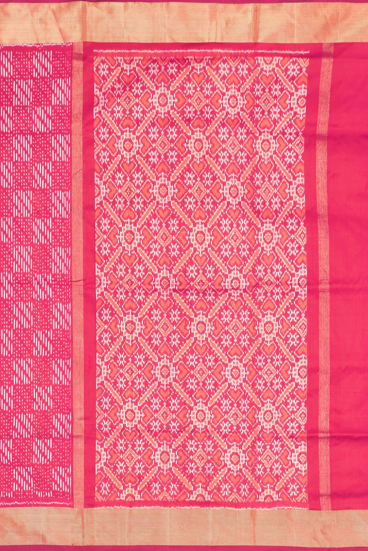 Close up image of the pallu of Pink Dual Tone Double Ikat Saree with Ikat Print on the body and Zari Border. 