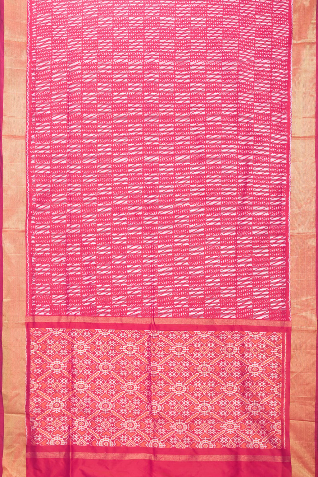 Flat view of Pink Dual Tone Double Ikat Saree with Ikat Print on the body and Zari Border. 