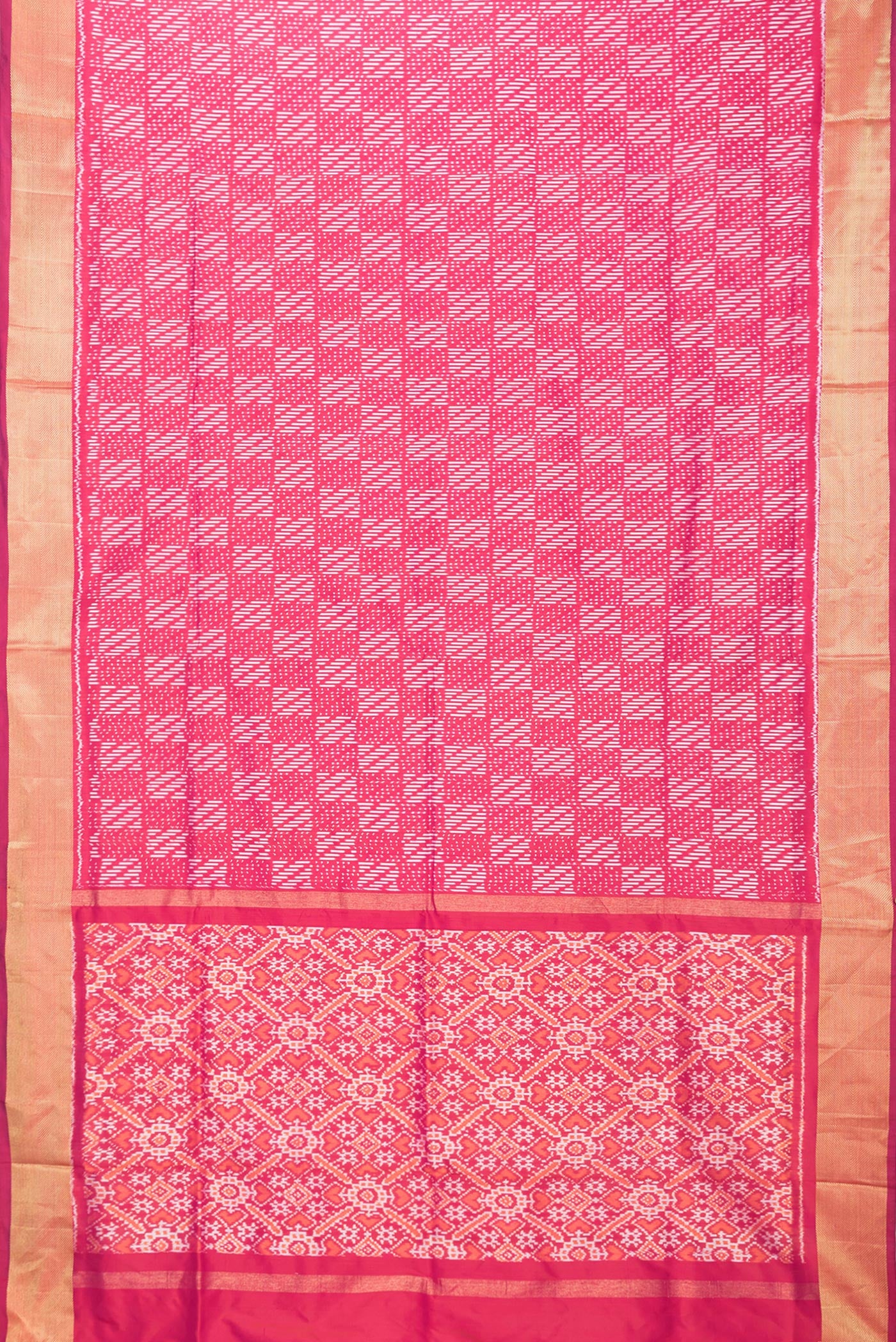 Flat view of Pink Dual Tone Double Ikat Saree with Ikat Print on the body and Zari Border. 