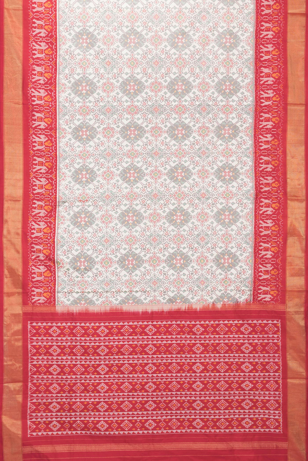 Flat view of Grey Dual Tone Double Ikat Saree with Ikat Print on the body and Ikat Border. 