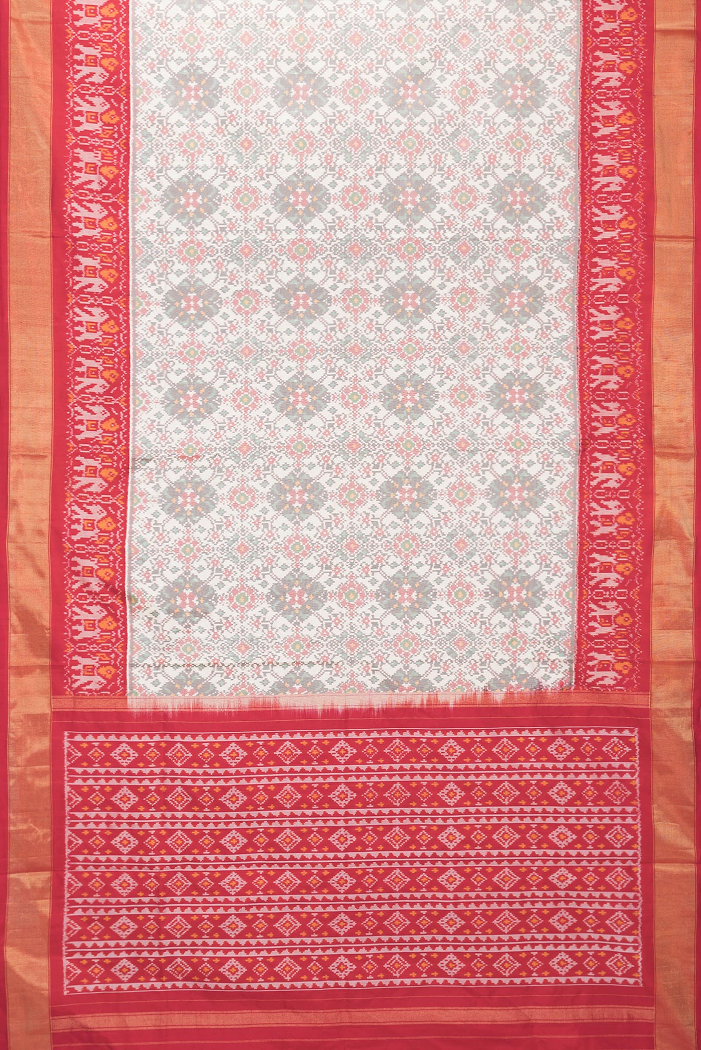 Flat view of Grey Dual Tone Double Ikat Saree with Ikat Print on the body and Ikat Border. 