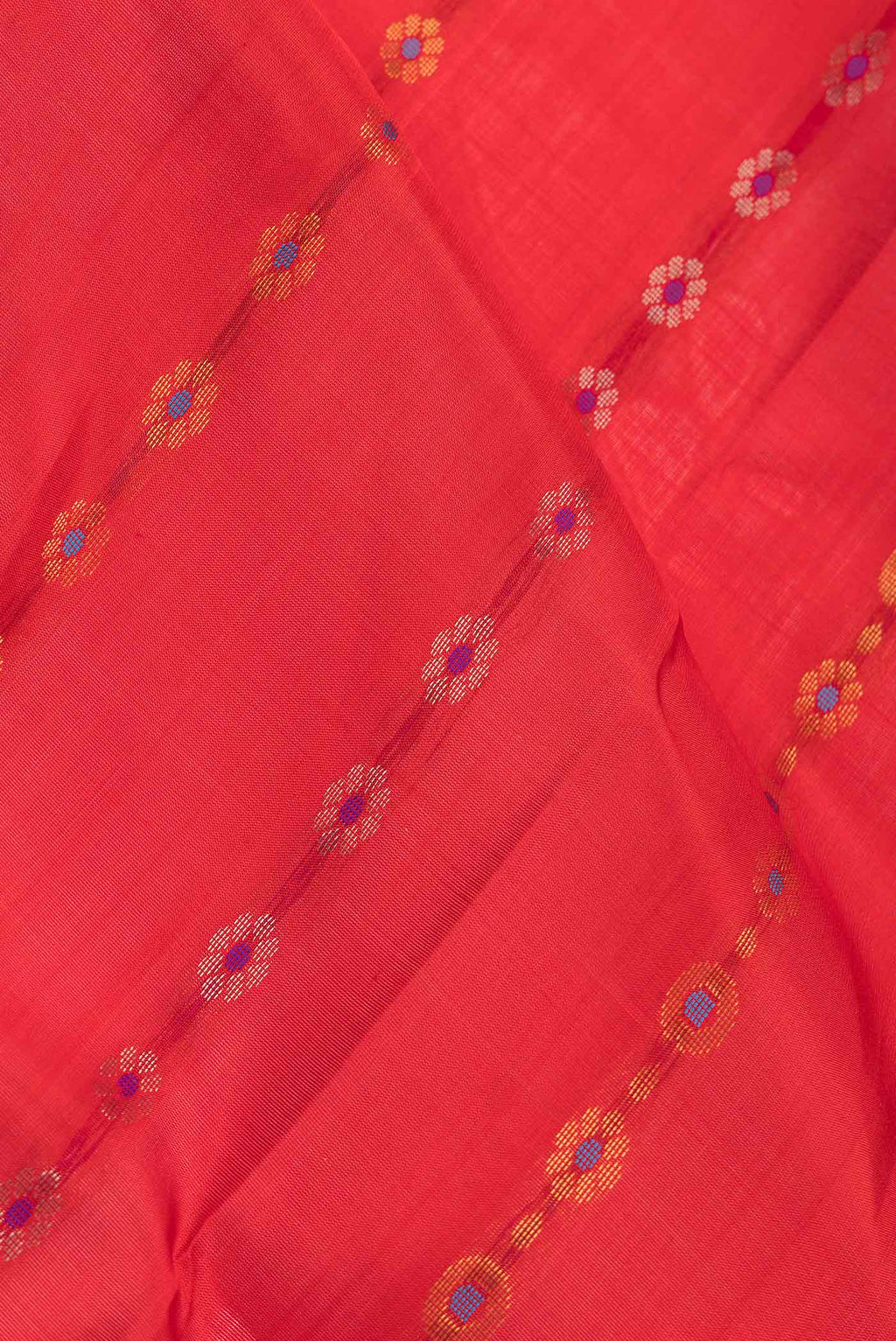Close up of Red Dual Tone Uppada Silk Saree with Zari And Thread Butta on the body and Zari Border.  displaying folds