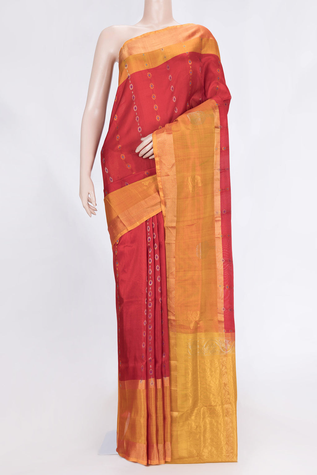 Red Dual Tone Uppada Silk Saree with Zari And Thread Butta on the body and Zari Border.  displayed on a mannequin