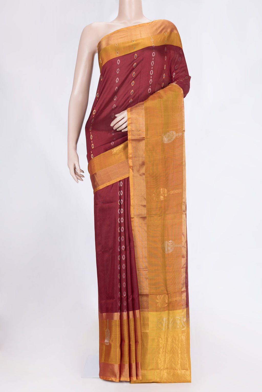 Maroon Dual Tone Uppada Silk Saree with Stripes on the body and Fancy Border.  displayed on a mannequin