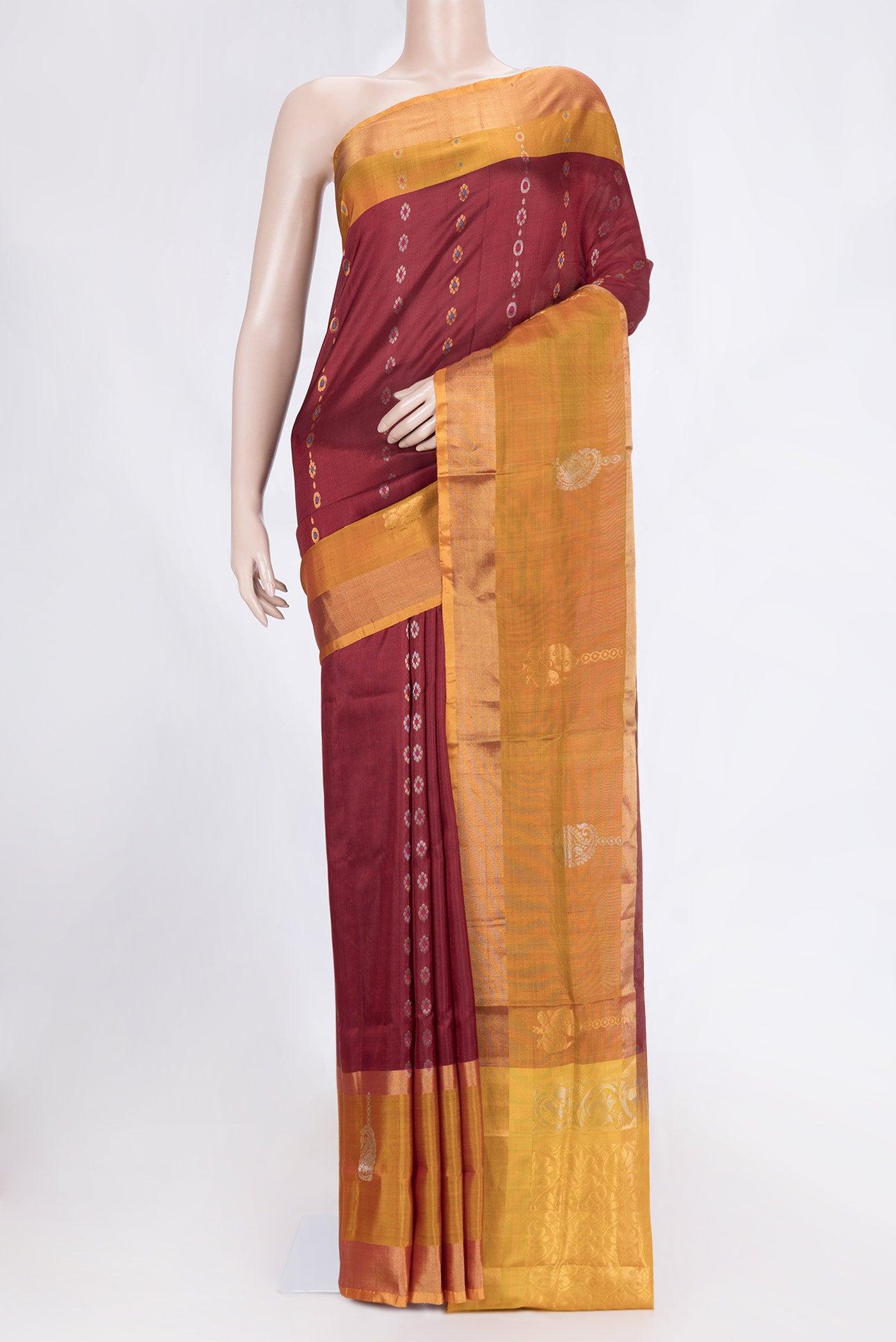 Maroon Dual Tone Uppada Silk Saree with Stripes on the body and Fancy Border.  displayed on a mannequin