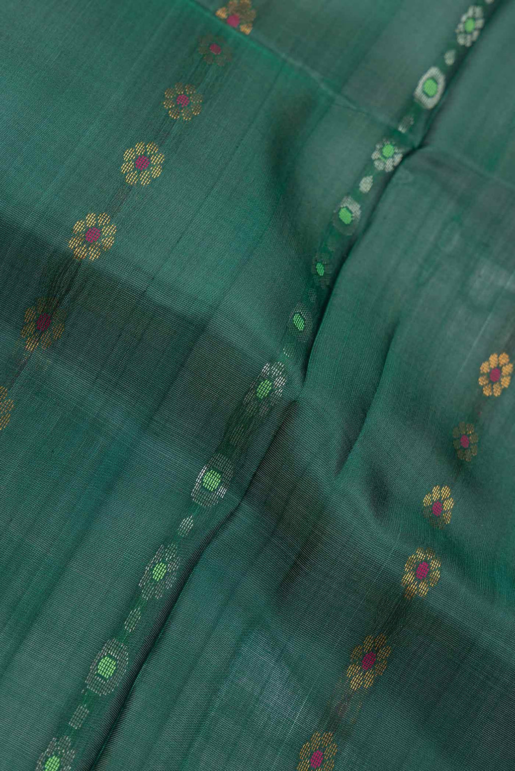 Close up of Bottle Green Dual Tone Uppada Silk Saree with Zari Butta on the body and Fancy Border.  displaying folds