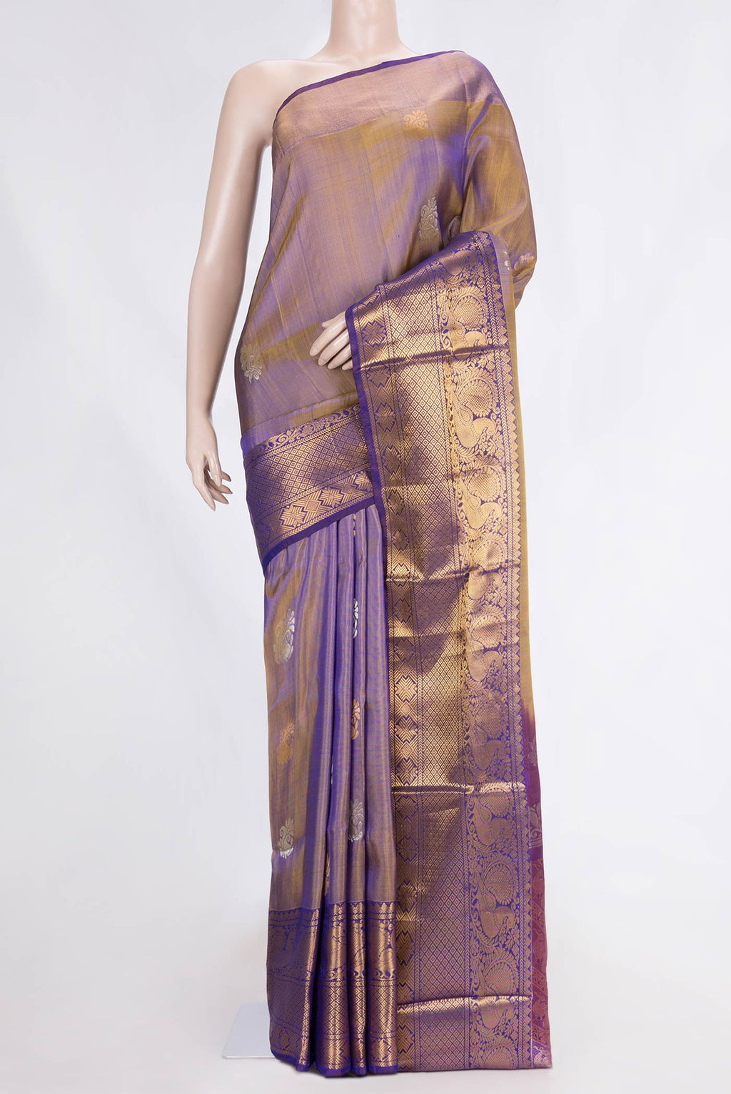 Brown Dual Tone Uppada Silk Saree with Zari Butta on the body and Zari Border.  displayed on a mannequin