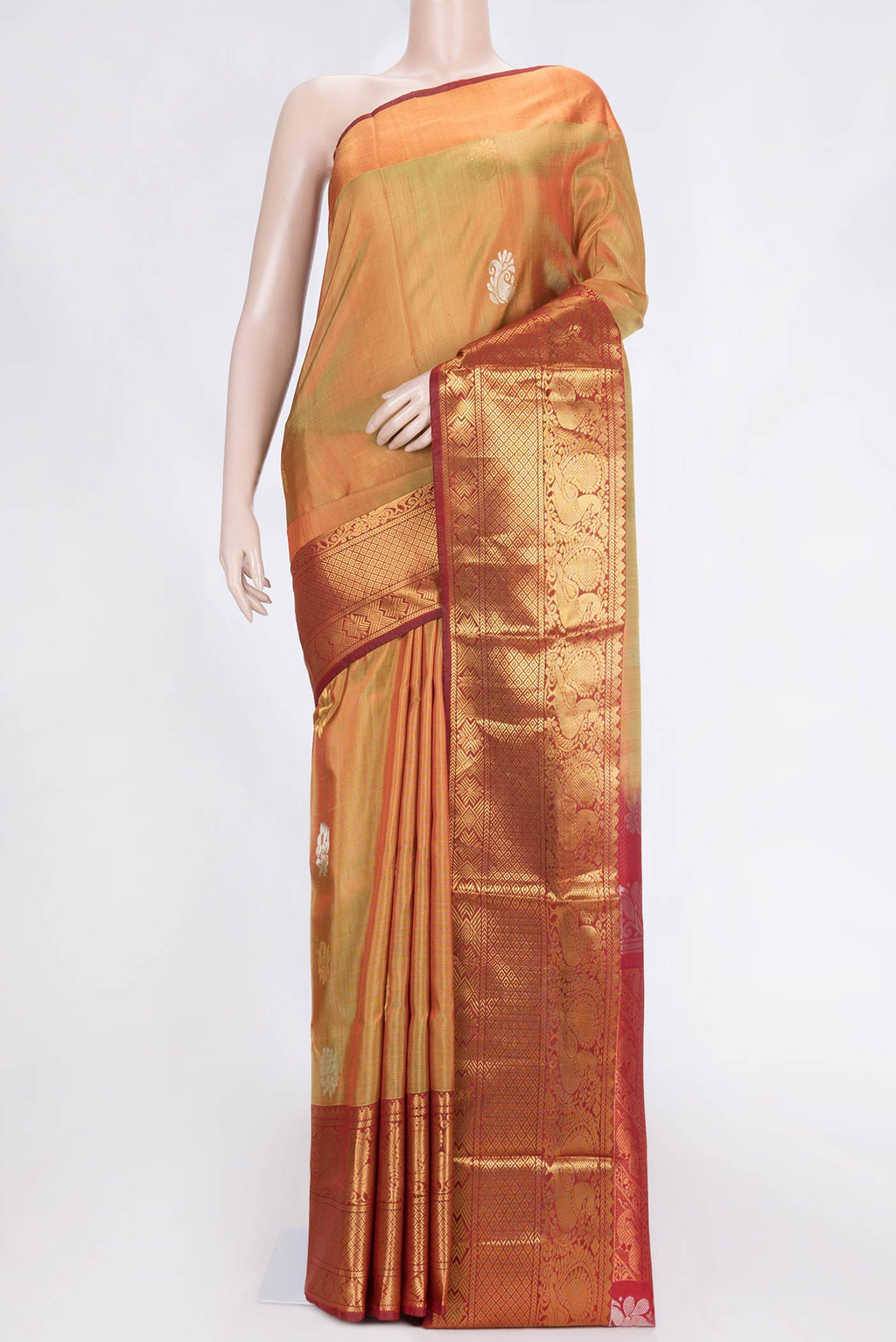 Mustard Dual Tone Uppada Silk Saree with Zari Butta on the body and Zari Border.  displayed on a mannequin